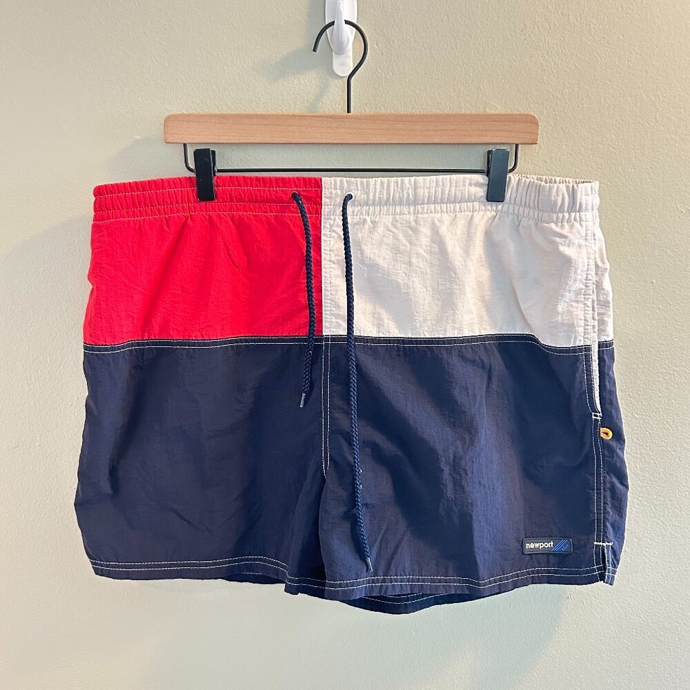 Newport Blue Colorblock Swim Trunks Mens Size Large Vintage 90s Navy Red White